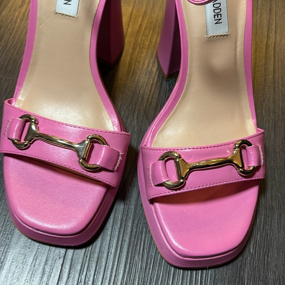 Steve Madden leather horsebit platform pink chunky square toe heels size 8.5 new - Picture 3 of 9